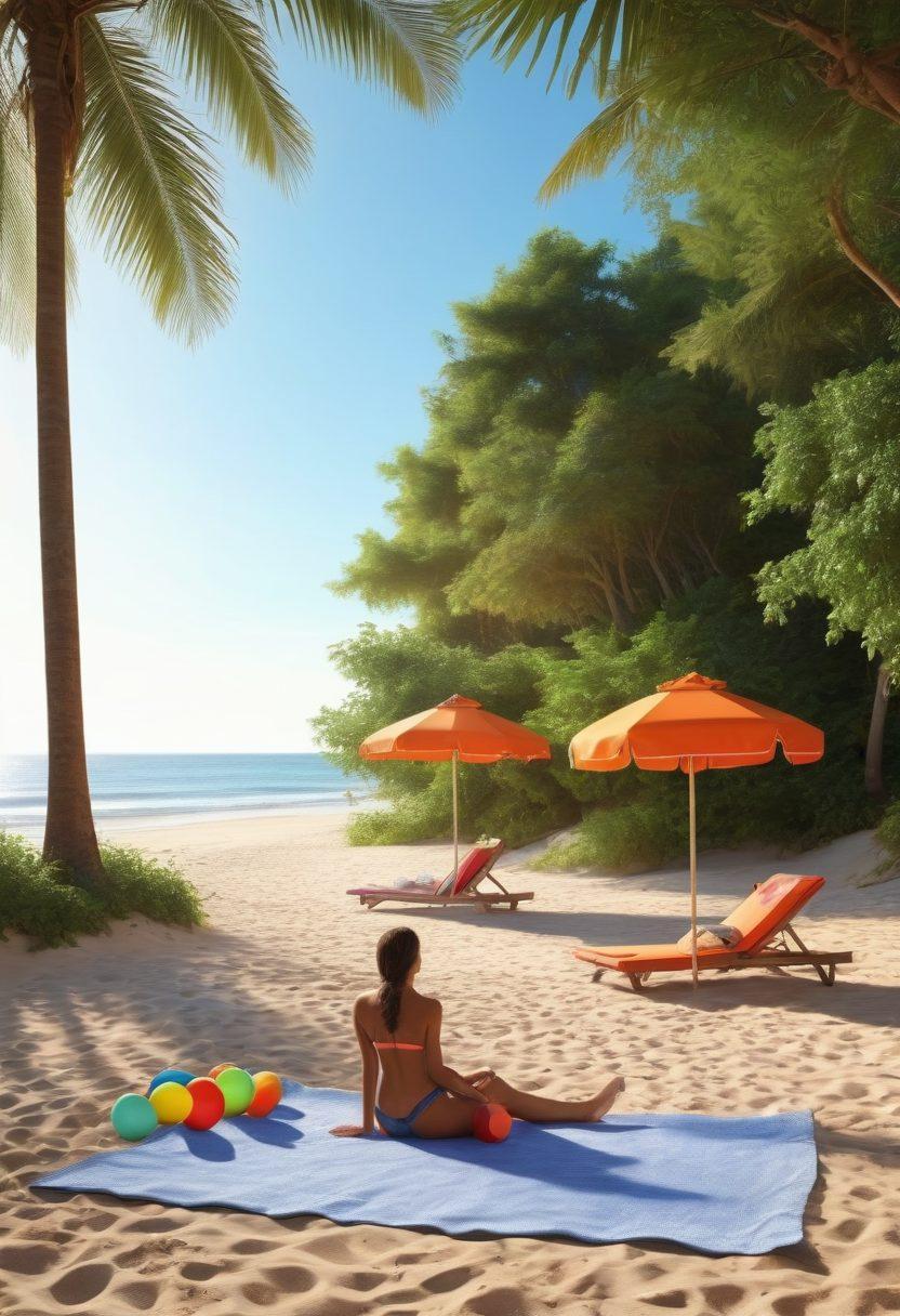 A serene beach setting with sun-kissed bodies lounging happily under the bright sun. Some individuals are playfully interacting with beach balls, while others are meditating in a yoga pose. In the background, lush greenery and gentle waves create a tranquil atmosphere. Scattered towels and beach umbrellas contribute to a sense of leisure and freedom. The scene is depicted in vibrant colors with a warm, inviting glow. super-realistic. vibrant colors. 3D.
