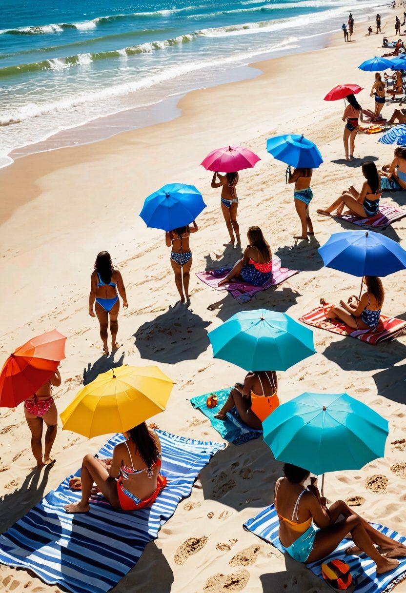A joyful scene of diverse beachgoers of varying body types, wearing colorful swimwear, basking in the sunlight on a sandy beach. Include sun hats, beach towels, and ocean waves in the background. Emphasize vibrant colors and a sense of confidence and fun. super-realistic. vibrant colors. summer mood.