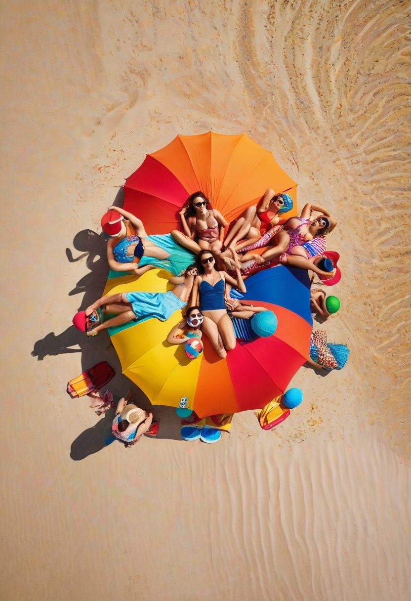 A diverse group of individuals joyfully wearing colorful, casual beachwear while lounging on a sandy beach, each showcasing their unique body shapes with confidence. The scene captures bright sun, gentle waves, and beach accessories like umbrellas and beach balls, embodying a spirit of inclusivity and celebration. The atmosphere is vibrant and cheerful, inviting everyone to embrace their style. super-realistic. vibrant colors. soft-focus background.